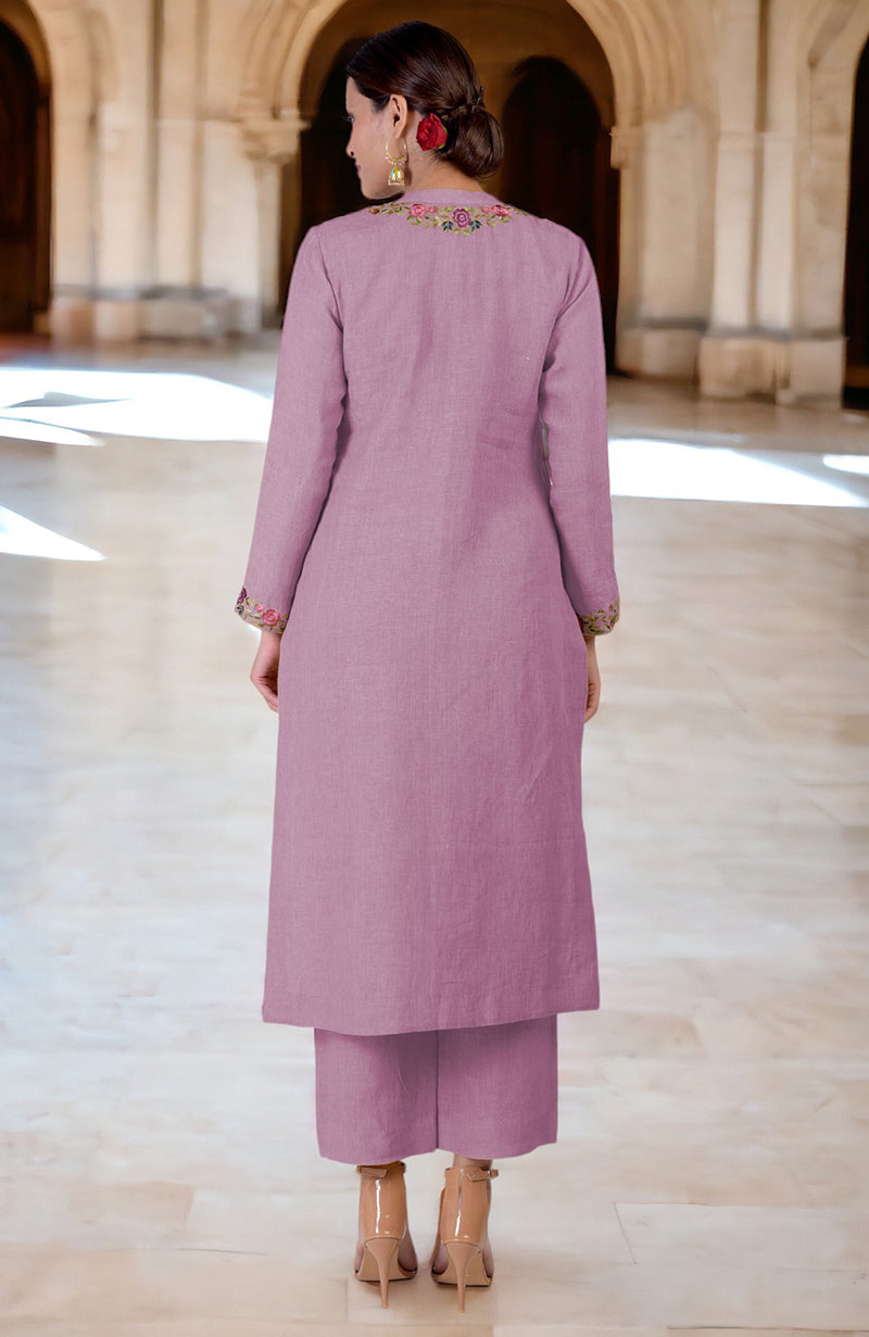 Smoky Grape Parsi Gara Embroidered Linen Kurta Set