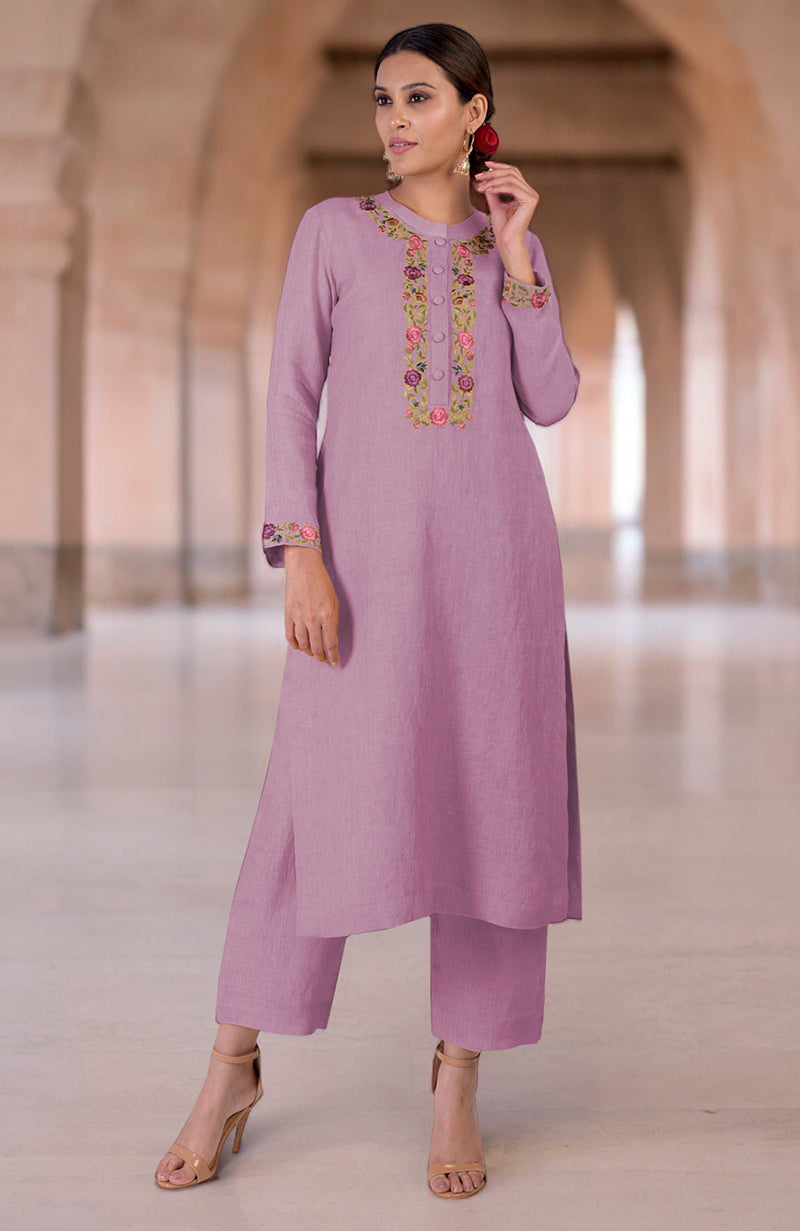 Smoky Grape Parsi Gara Embroidered Linen Kurta Set
