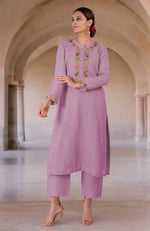 Smoky Grape Parsi Gara Embroidered Linen Kurta Set