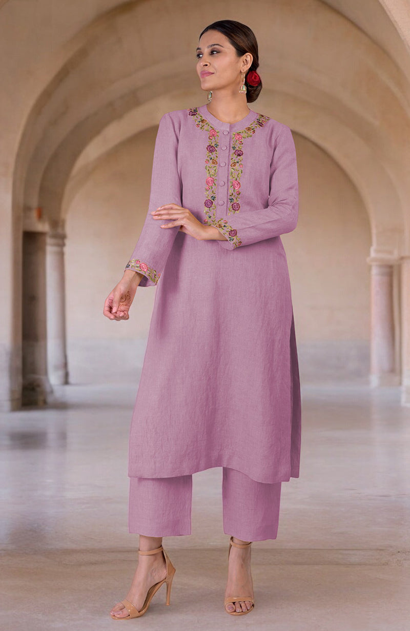 Smoky Grape Parsi Gara Embroidered Linen Kurta Set