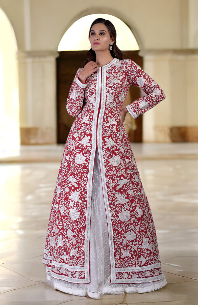 Red Parsi Gara and Beads Embroidered Jacket Set