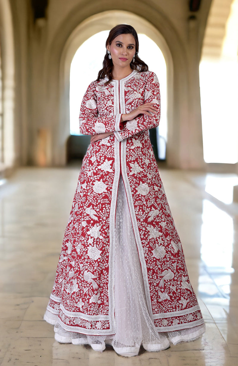 Red Parsi Gara and Beads Embroidered Jacket Set