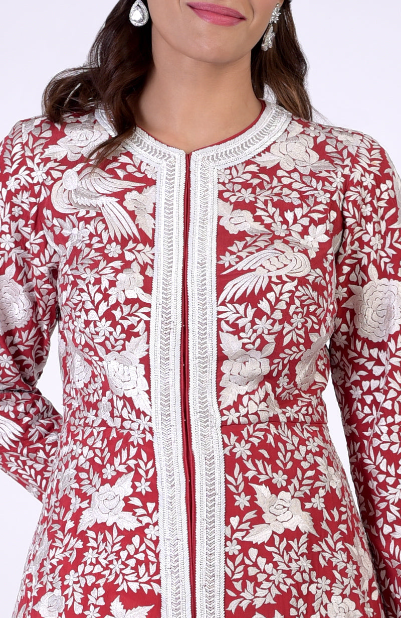 Red Parsi Gara and Beads Embroidered Jacket Set
