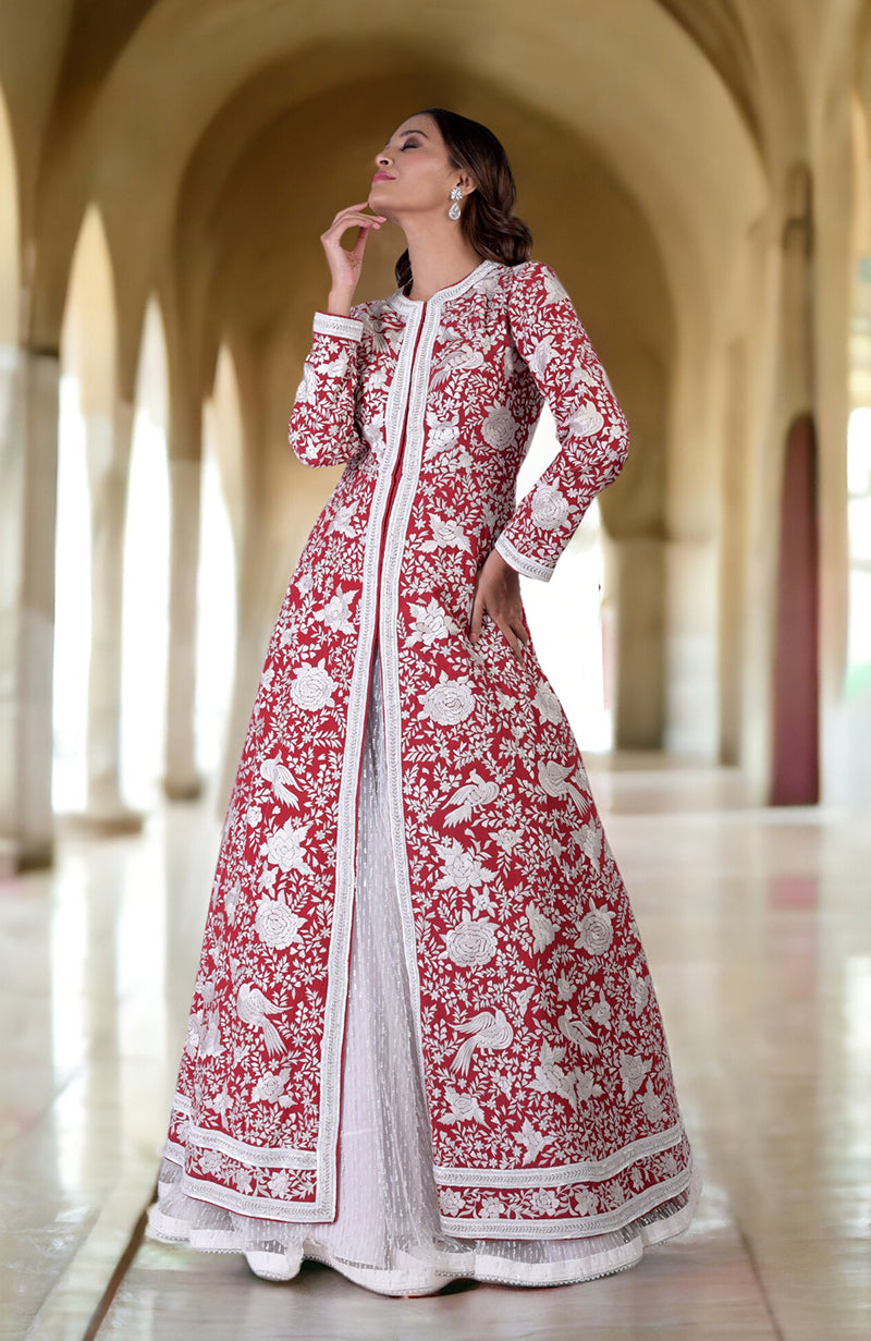 Red Parsi Gara and Beads Embroidered Jacket Set