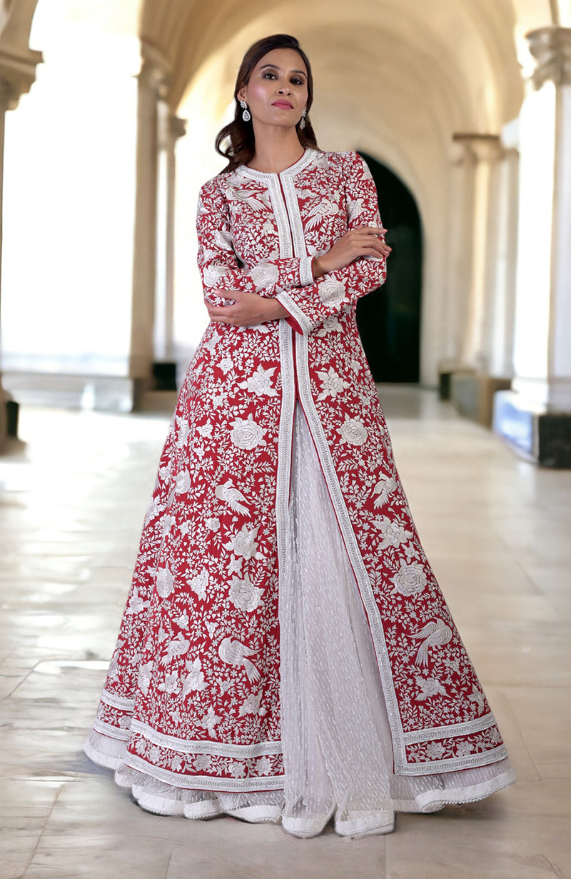 Red Parsi Gara and Beads Embroidered Jacket Set
