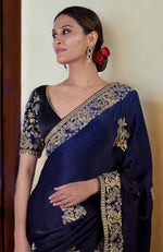 Midnight Blue Ombre Kashidakari Embroidered Saree Set
