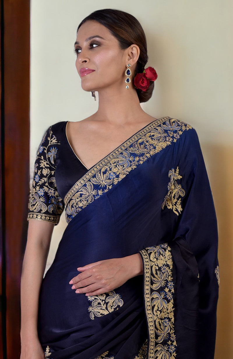 Midnight Blue Ombre Kashidakari Embroidered Saree Set