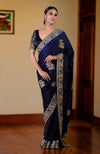Midnight Blue Ombre Kashidakari Embroidered Saree Set