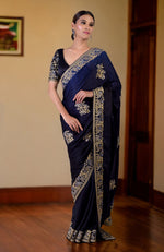 Midnight Blue Ombre Kashidakari Embroidered Saree Set