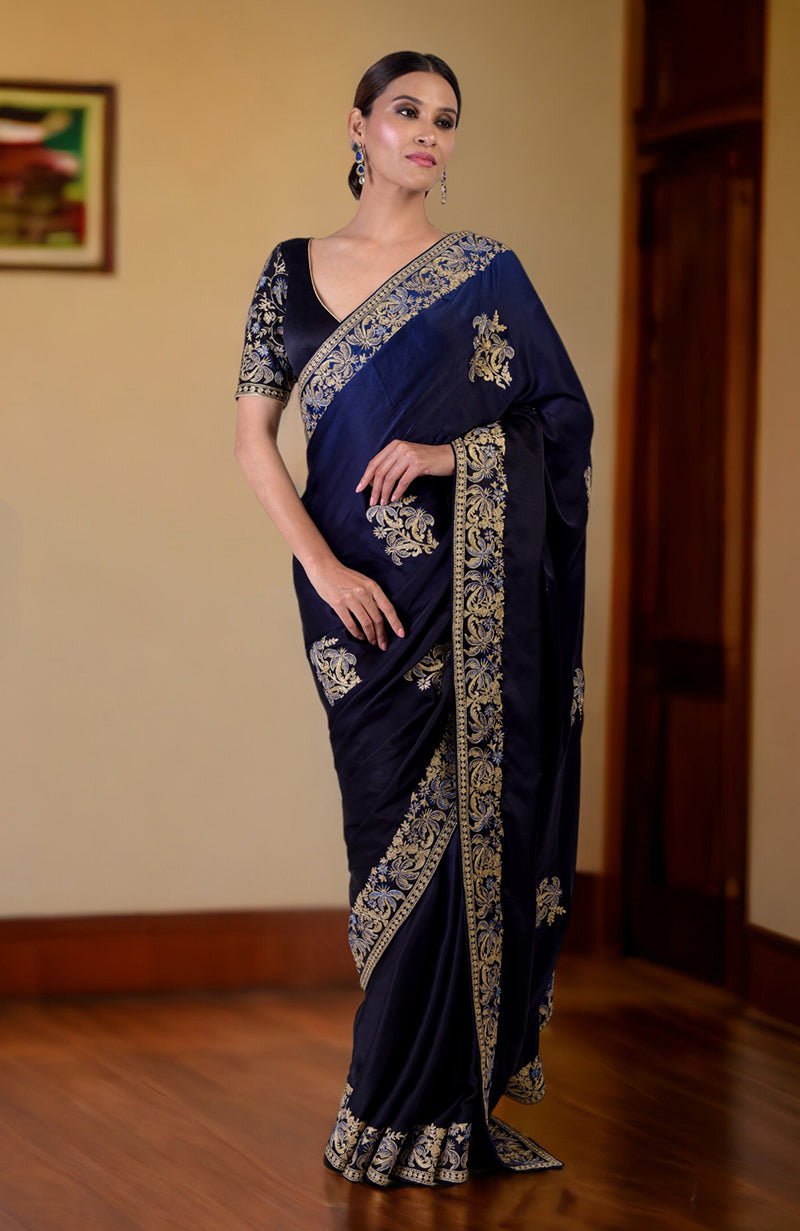 Midnight Blue Ombre Kashidakari Embroidered Saree Set