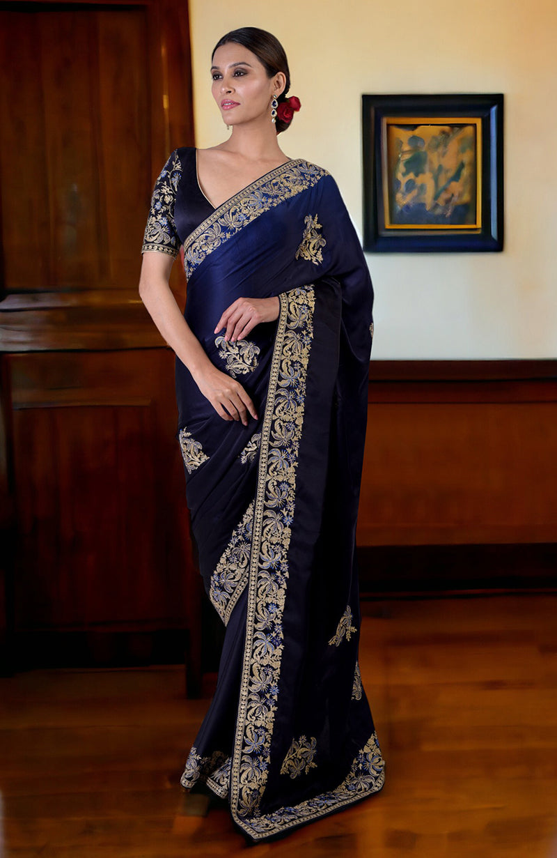 Midnight Blue Ombre Kashidakari Embroidered Saree Set
