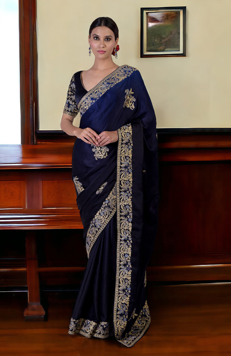 Midnight Blue Ombre Kashidakari Embroidered Saree Set