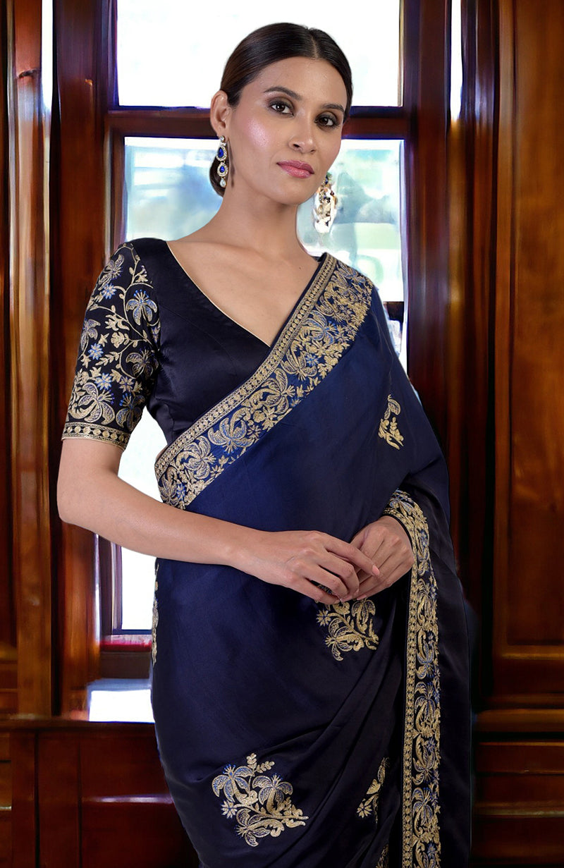 Midnight Blue Ombre Kashidakari Embroidered Saree Set