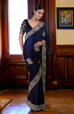 Midnight Blue Ombre Kashidakari Embroidered Saree Set