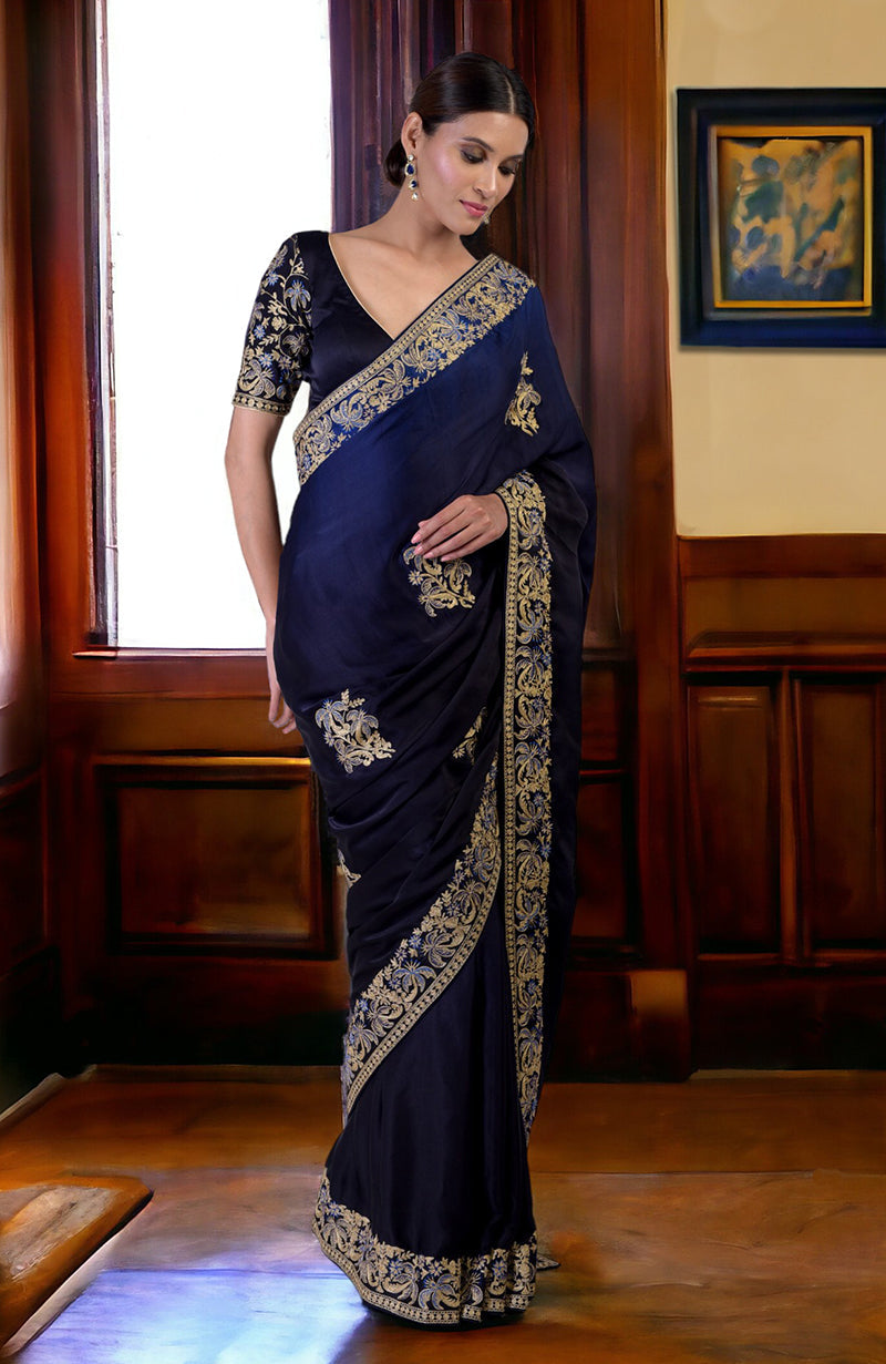 Midnight Blue Ombre Kashidakari Embroidered Saree Set