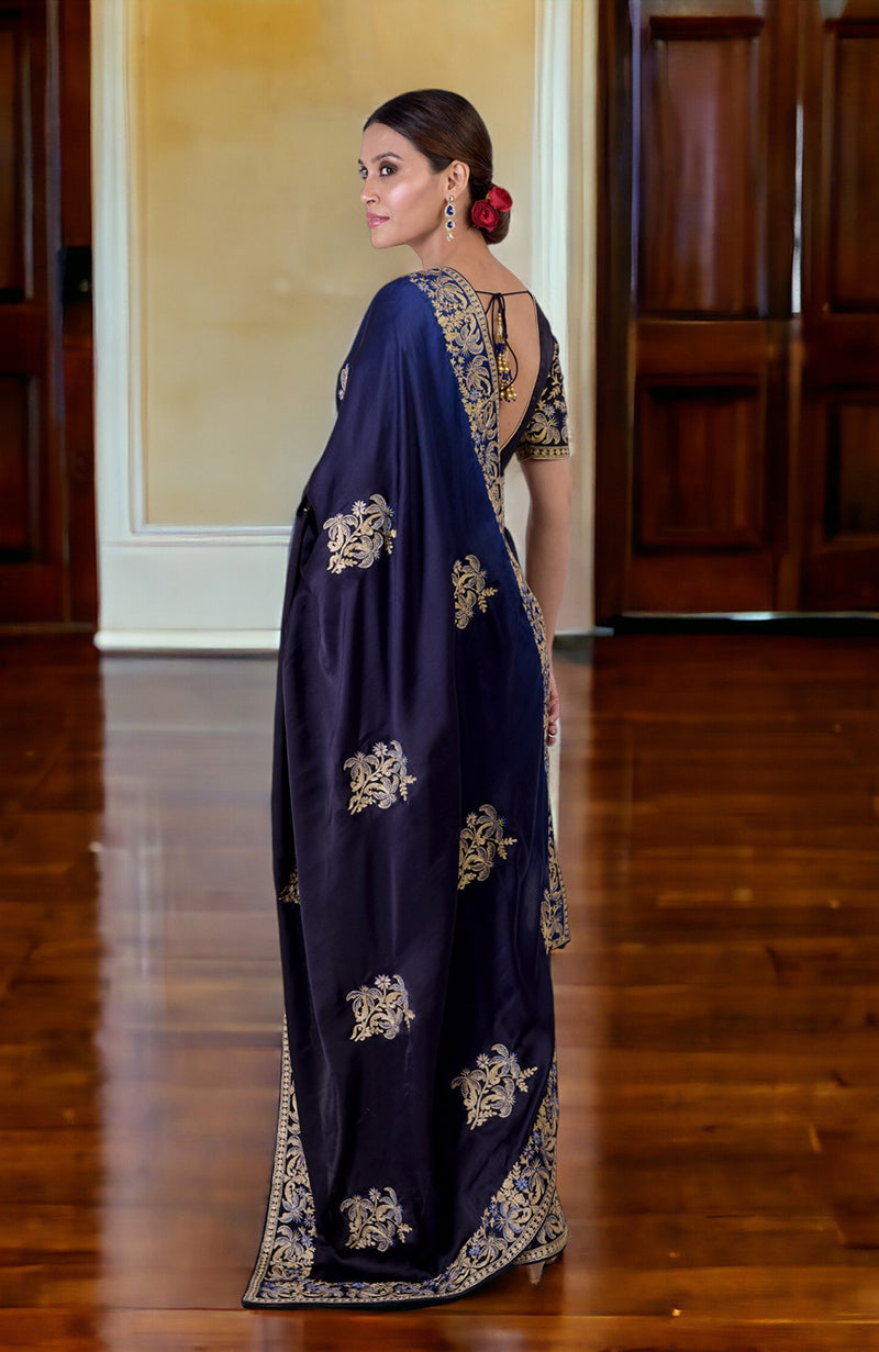 Midnight Blue Ombre Kashidakari Embroidered Saree Set
