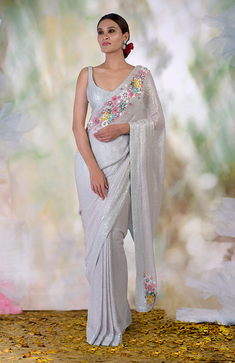 Whispering Blue Floral Sequin Hand Embroidered Saree