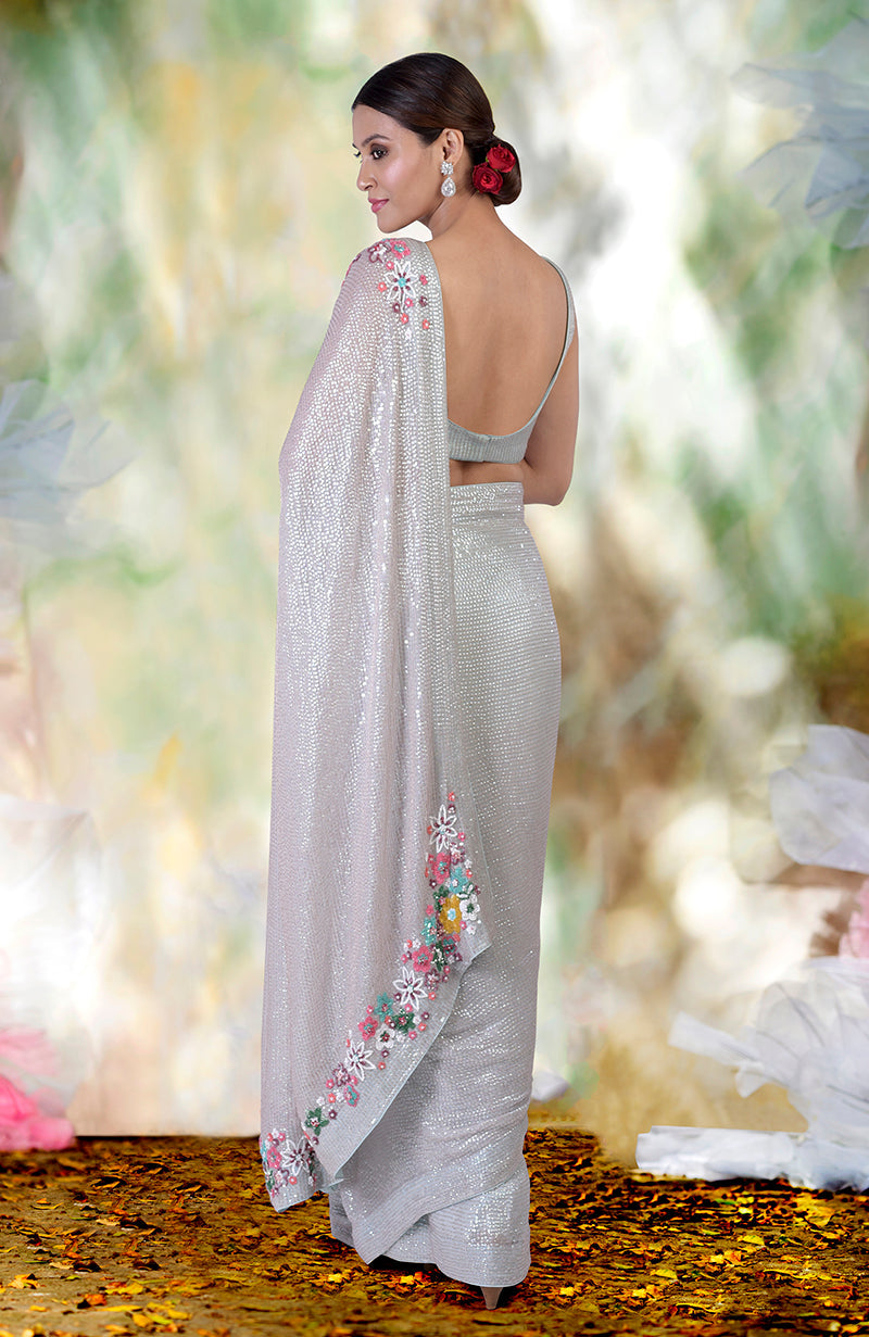 Whispering Blue Floral Sequin Hand Embroidered Saree
