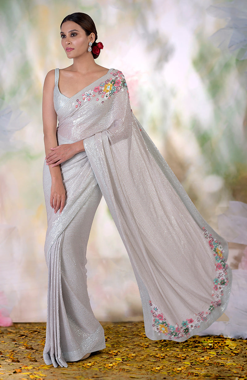 Whispering Blue Floral Sequin Hand Embroidered Saree