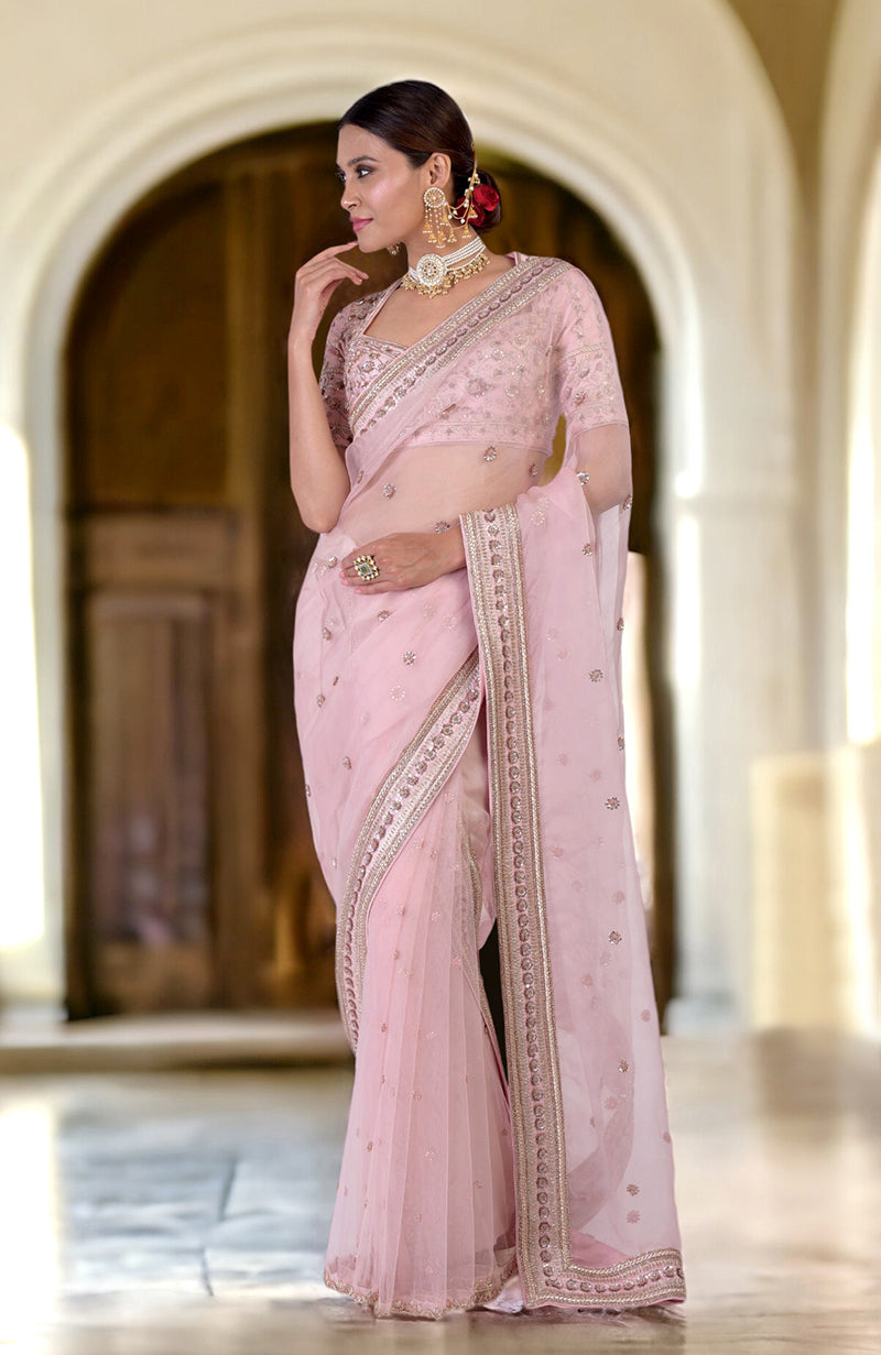 Unending Love Rose Pink Zardozi Hand Embroidered Saree
