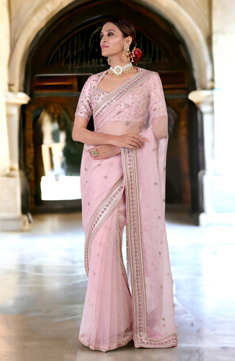 Unending Love Rose Pink Zardozi Hand Embroidered Saree