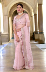 Unending Love Rose Pink Zardozi Hand Embroidered Saree