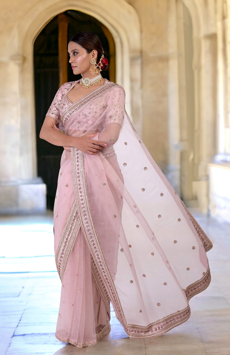 Unending Love Rose Pink Zardozi Hand Embroidered Saree