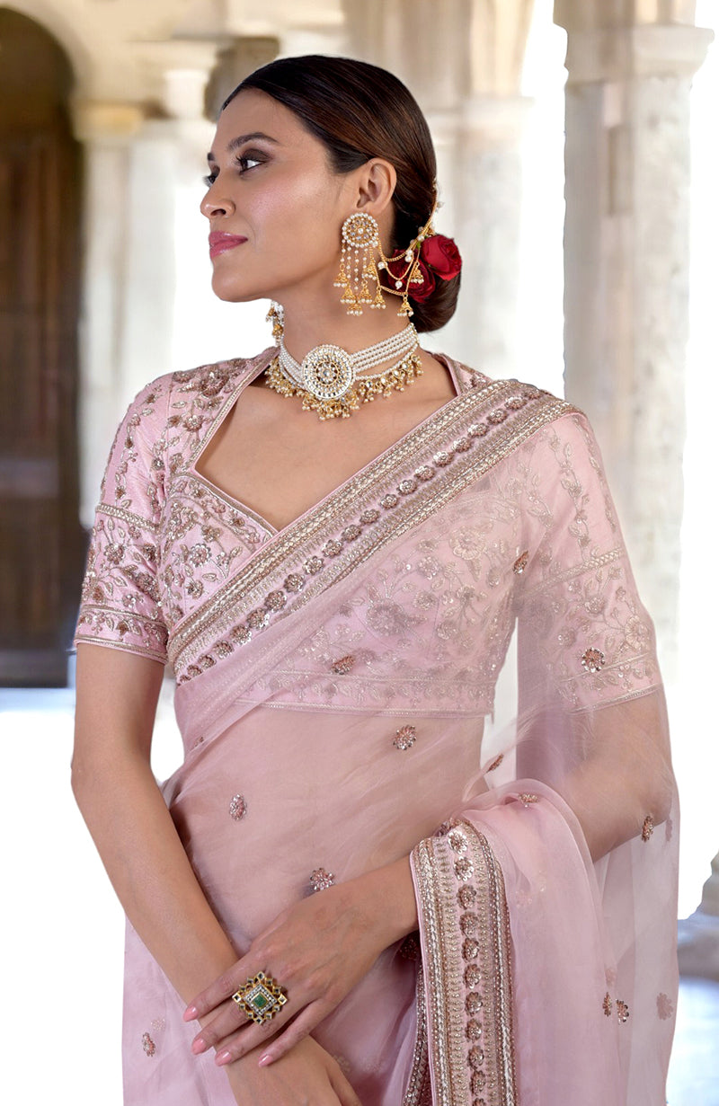 Unending Love Rose Pink Zardozi Hand Embroidered Saree