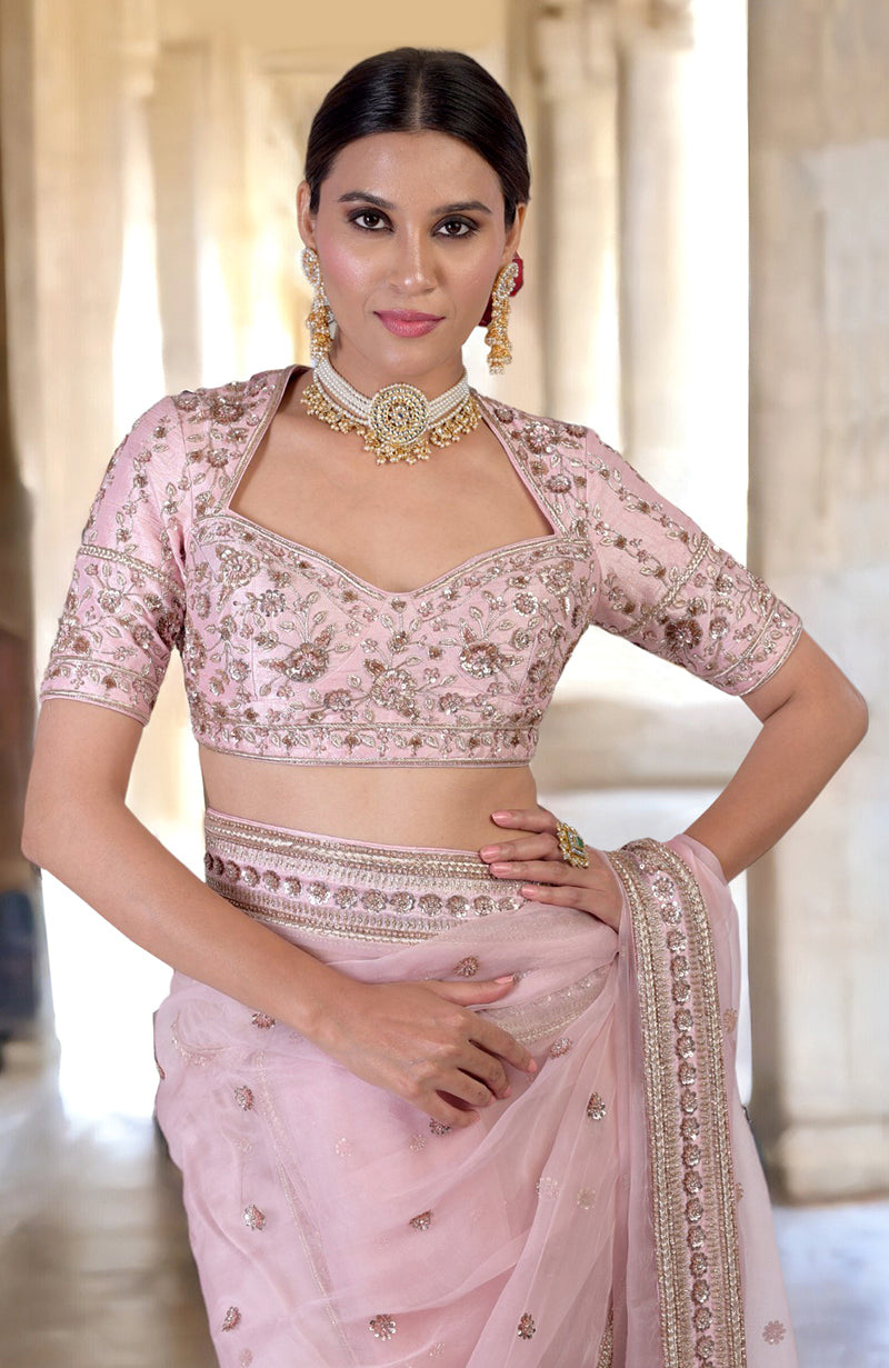 Unending Love Rose Pink Zardozi Hand Embroidered Saree
