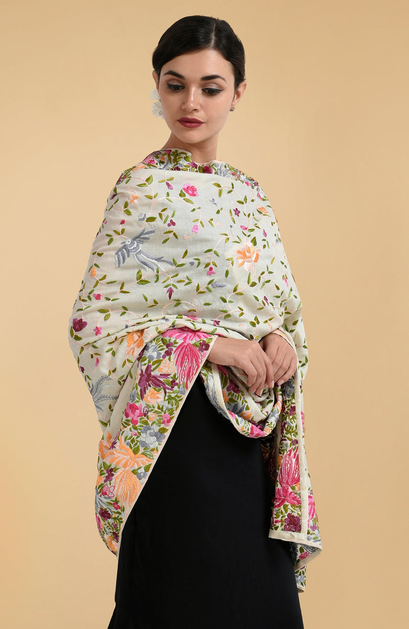 Ivory Parsi Gara Pure Pashmina Shawl