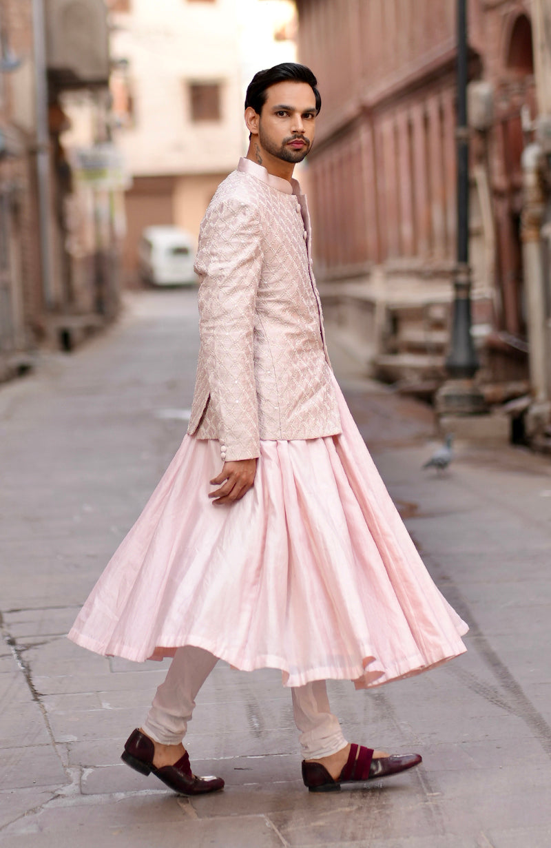 Barely Pink Chikankari Embellished Bandhgala & Angarkha kurta set