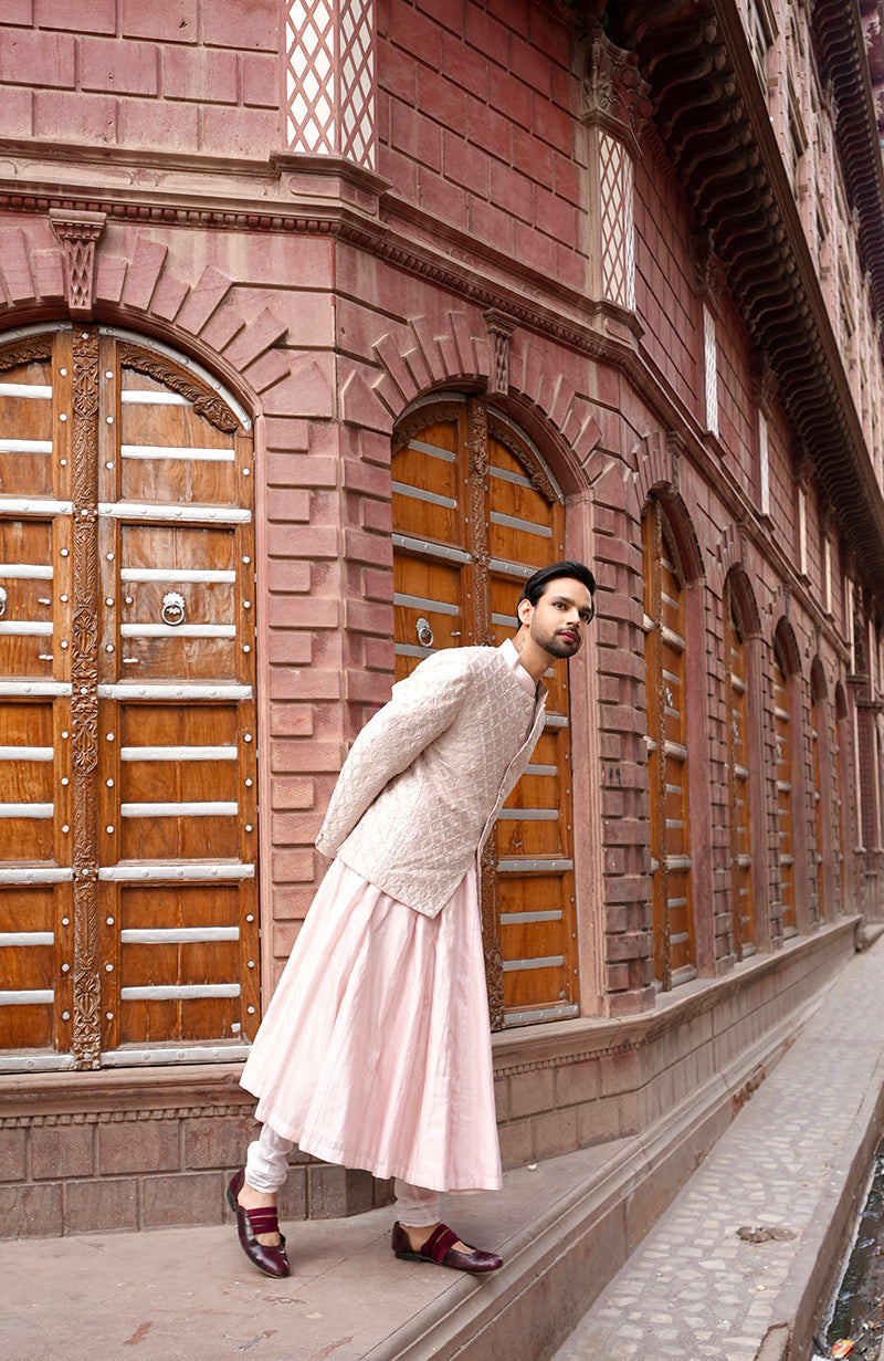 Barely Pink Chikankari Embellished Bandhgala & Angarkha kurta set
