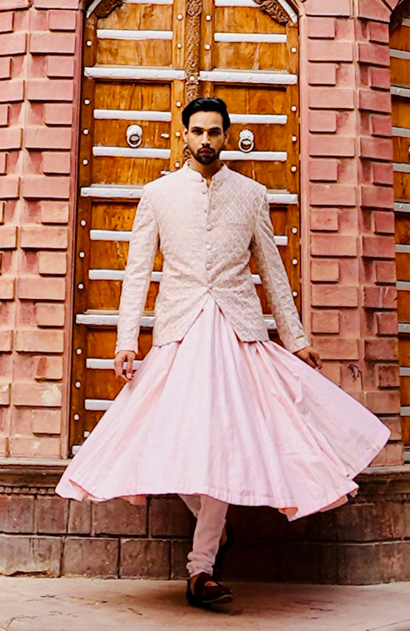 Barely Pink Chikankari Embellished Bandhgala & Angarkha kurta set