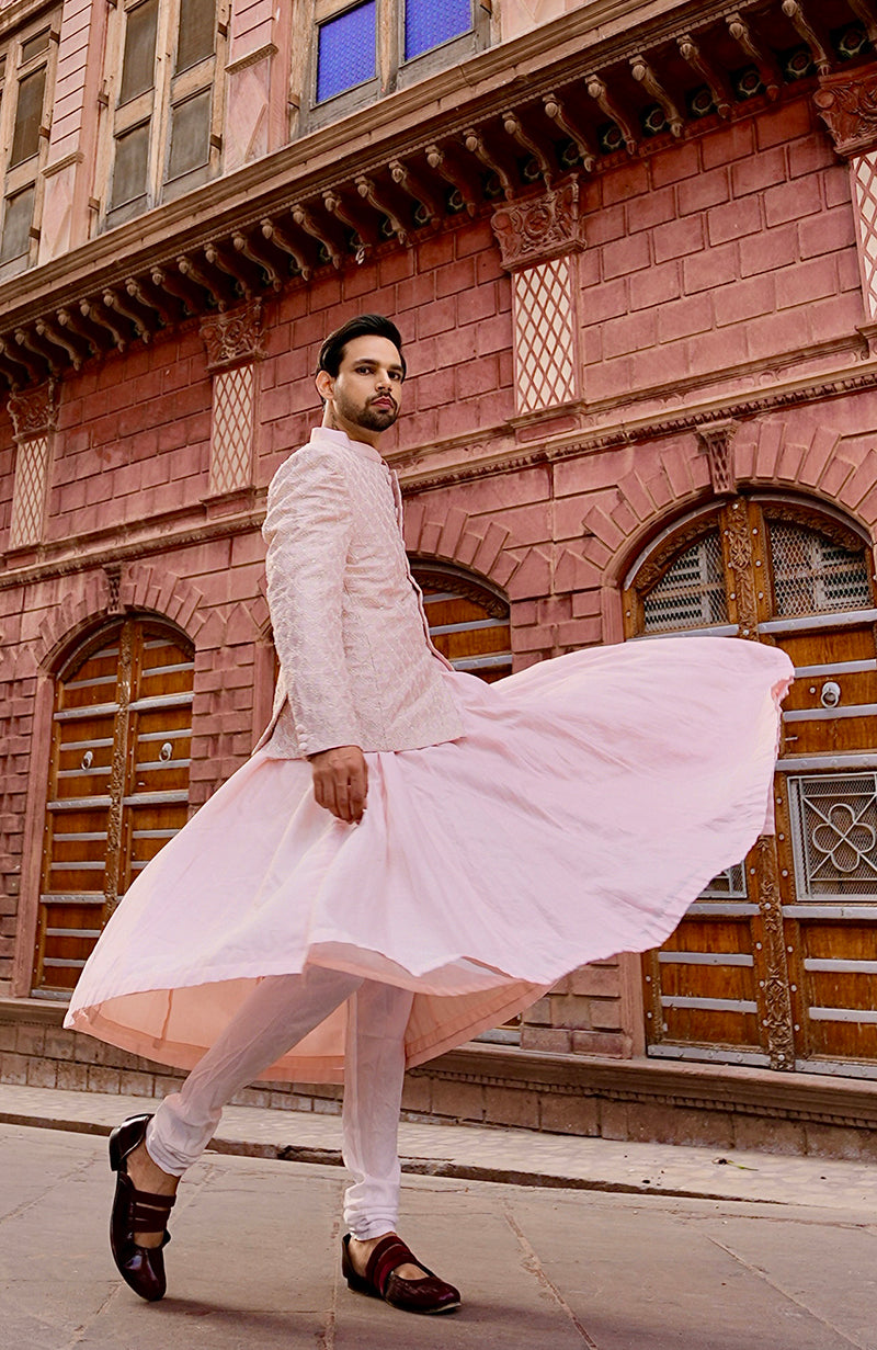 Barely Pink Chikankari Embellished Bandhgala & Angarkha kurta set