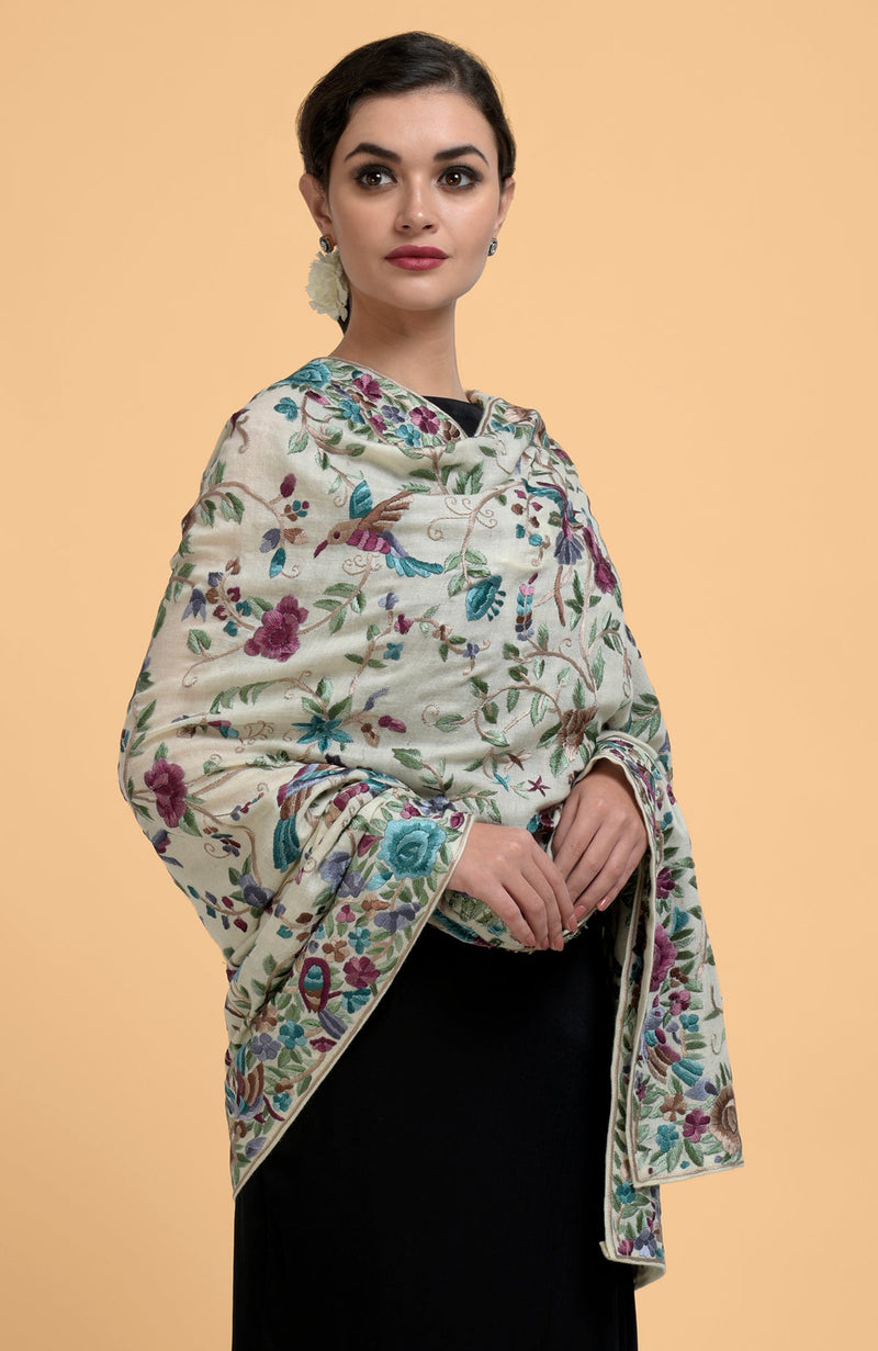 Ivory Parsi Gara Pure Pashmina Shawl