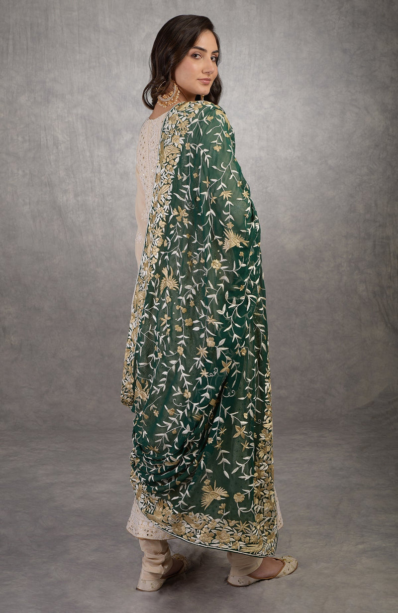 Pre-Order Champagne Chikankari Suit With Parsi Gara Dupatta
