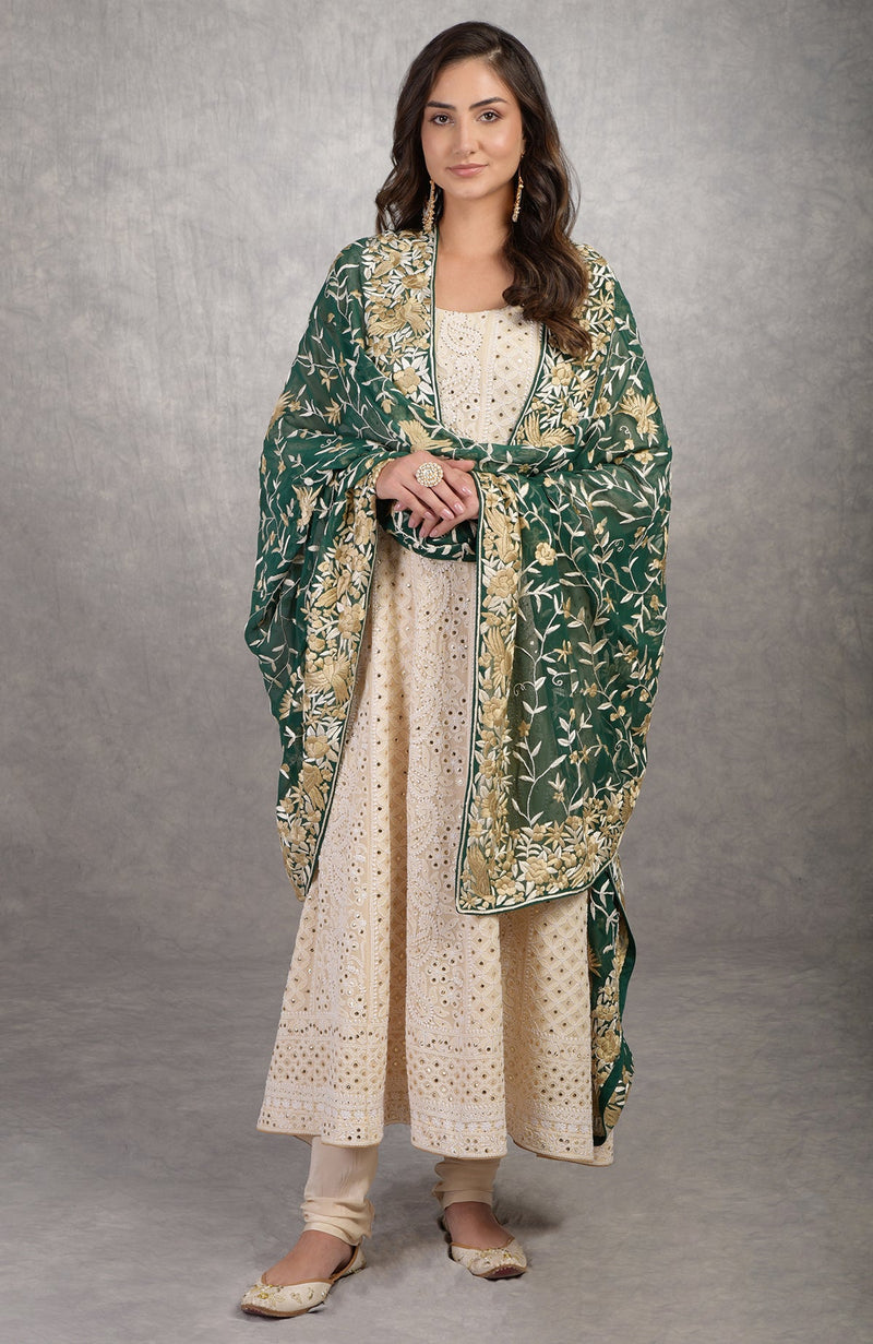 Pre-Order Champagne Chikankari Suit With Parsi Gara Dupatta