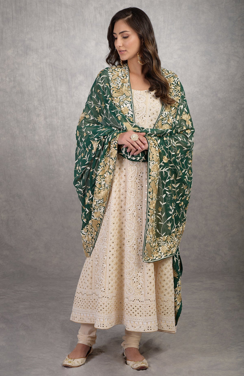 Pre-Order Champagne Chikankari Suit With Parsi Gara Dupatta