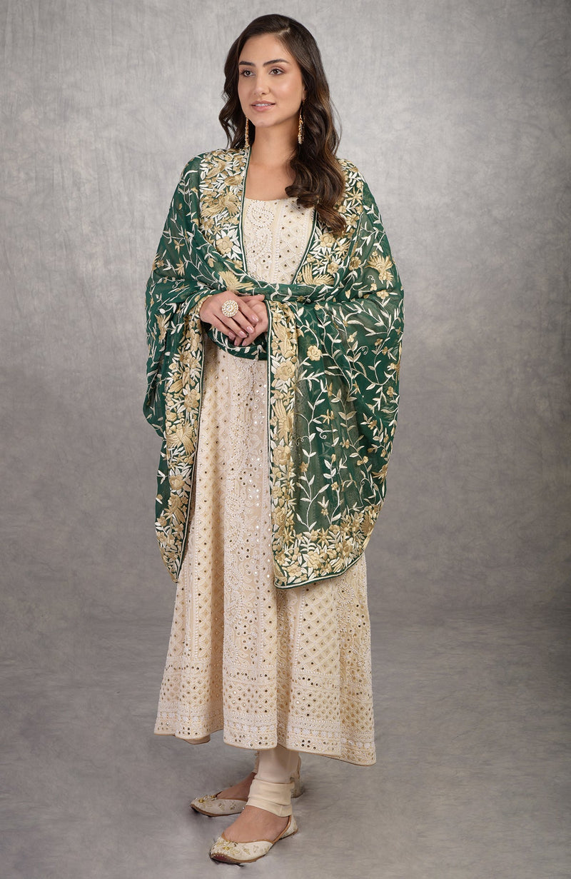 Champagne Chikankari Suit With Parsi Gara Hand Embroidered Dupatta