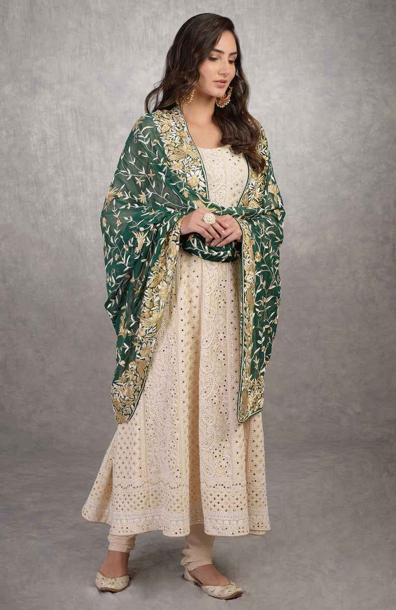 Pre-Order Champagne Chikankari Suit With Parsi Gara Dupatta
