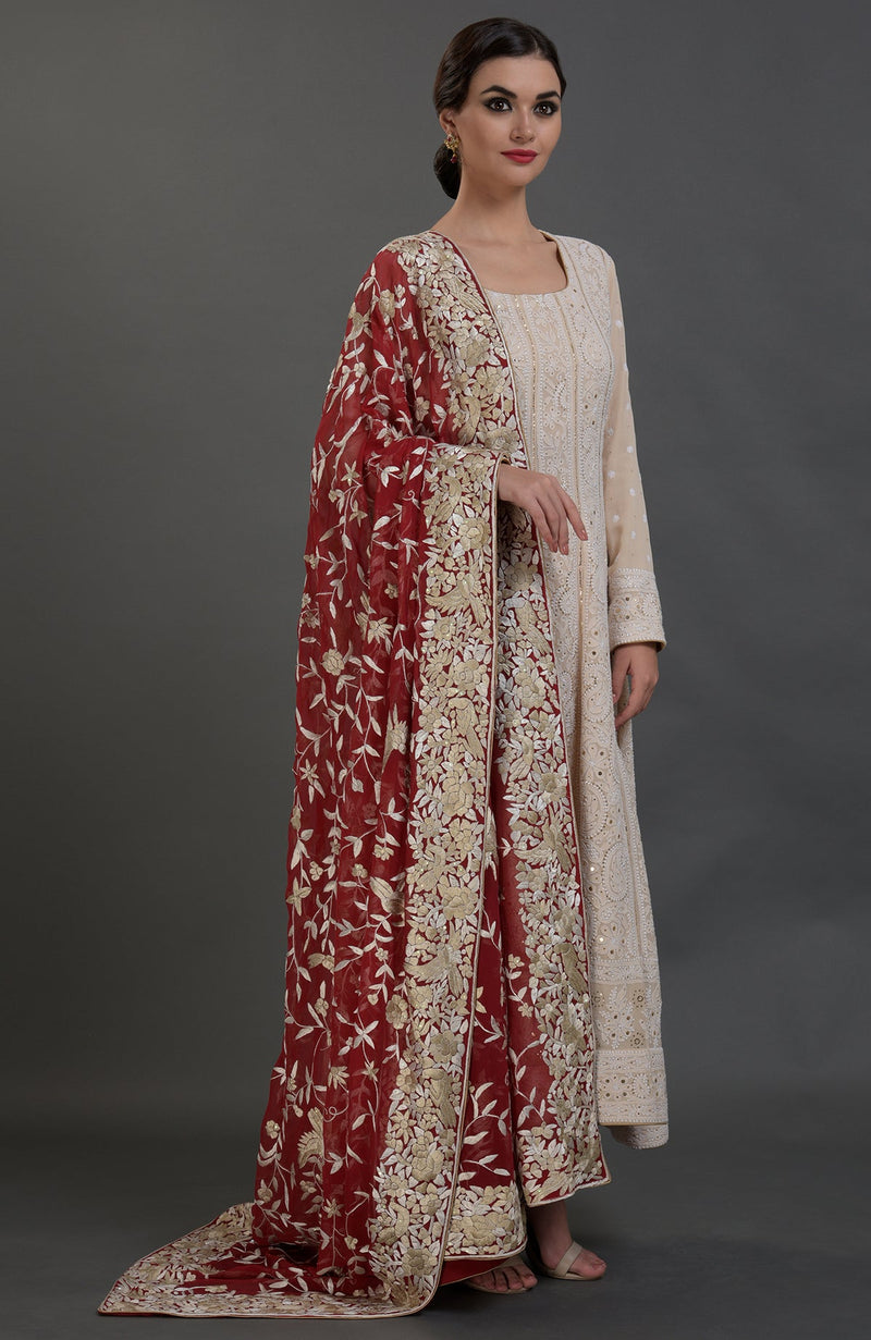 Champagne Chikankari Suit With Parsi Gara Hand Embroidered Dupatta