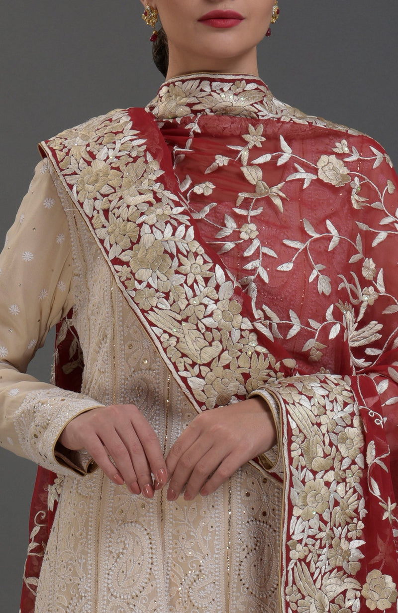 Champagne Chikankari Suit With Parsi Gara Hand Embroidered Dupatta