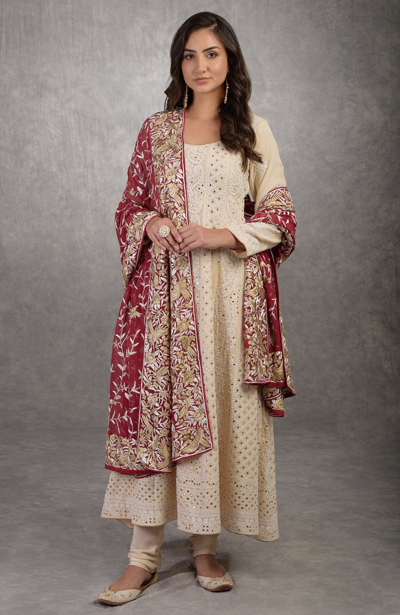 Pre-Order Champagne Chikankari Suit With Parsi Gara Dupatta