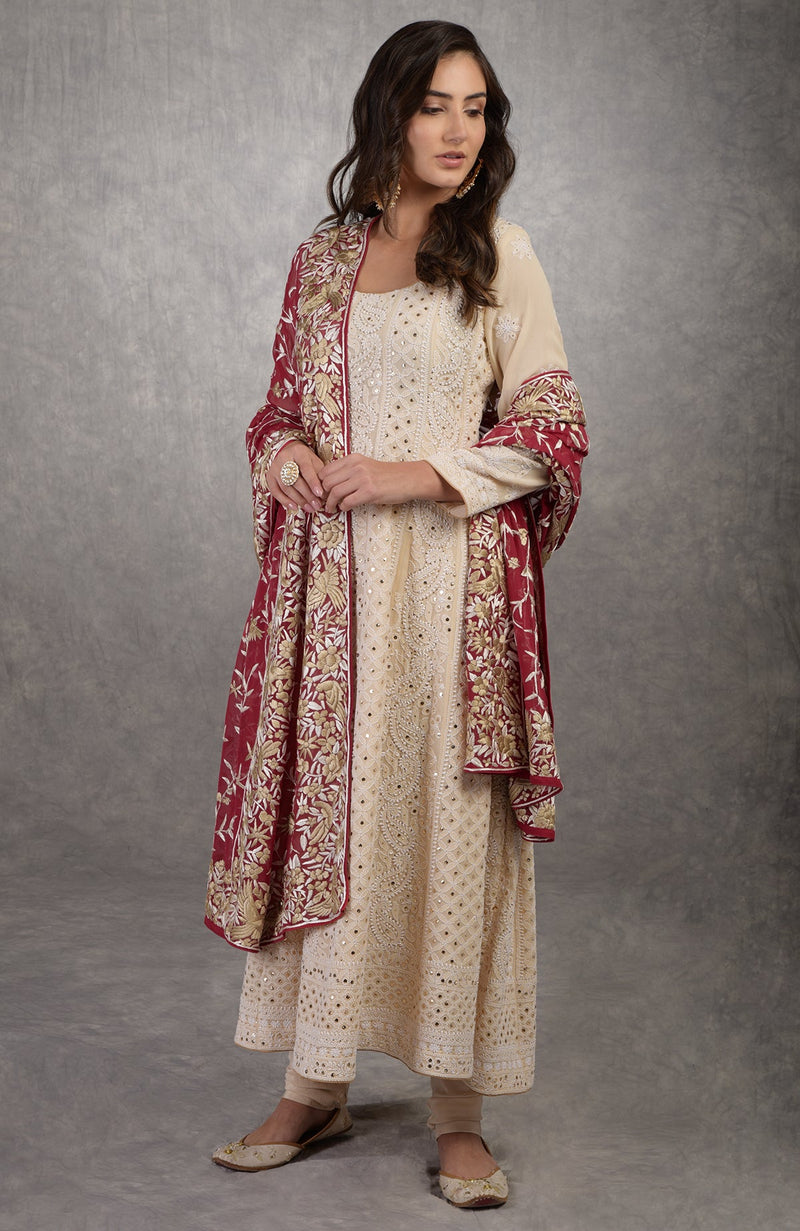 Champagne Chikankari Suit With Parsi Gara Hand Embroidered Dupatta