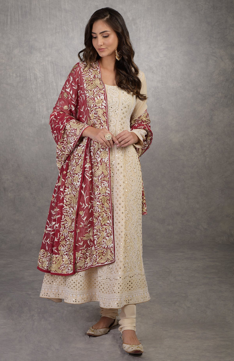 Champagne Chikankari Suit With Parsi Gara Hand Embroidered Dupatta