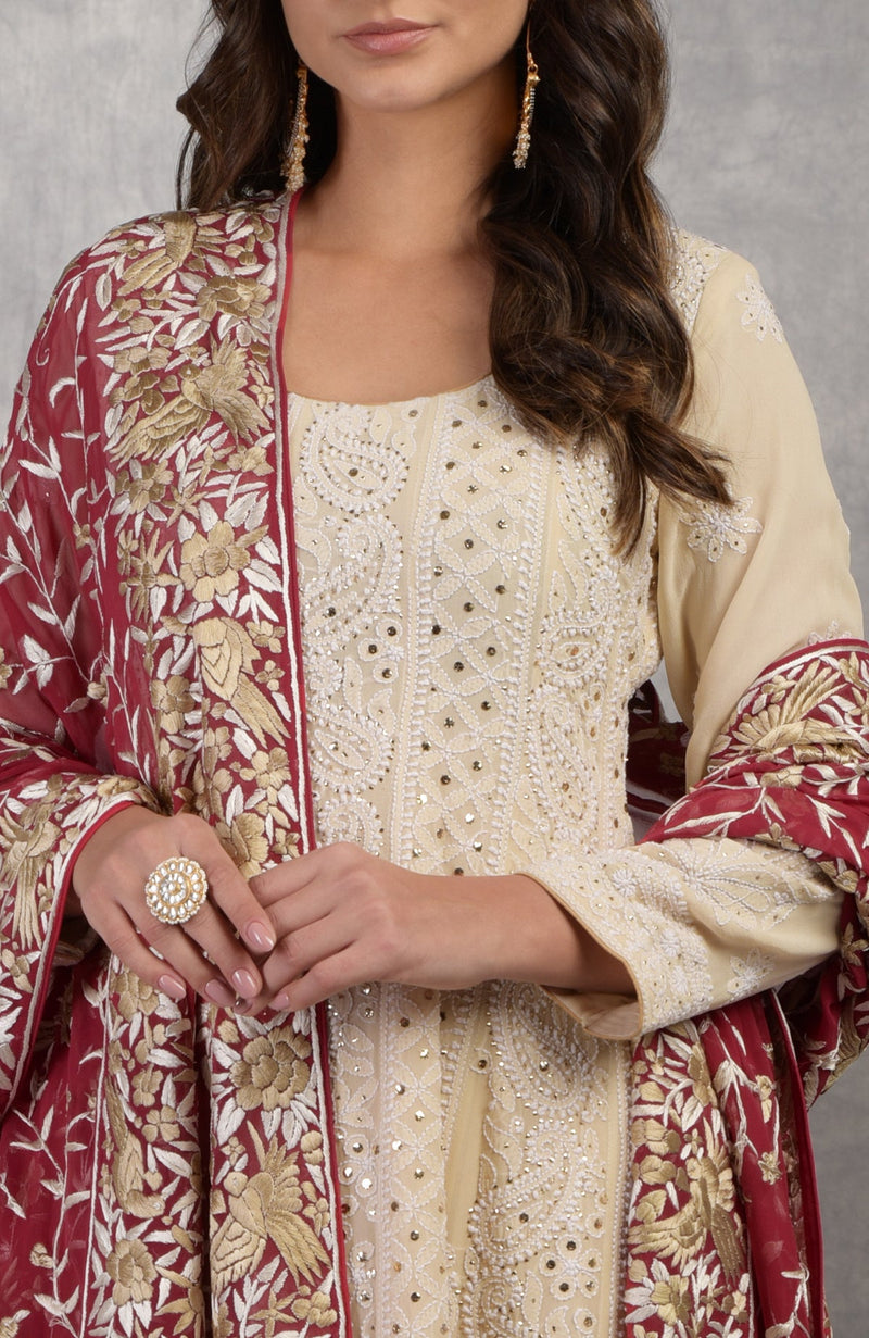 Champagne Chikankari Suit With Parsi Gara Hand Embroidered Dupatta