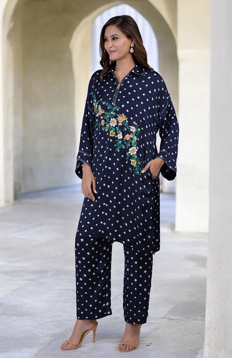 Navy Blue Handcrafted Bandhej Embroidered Co-Ord Set