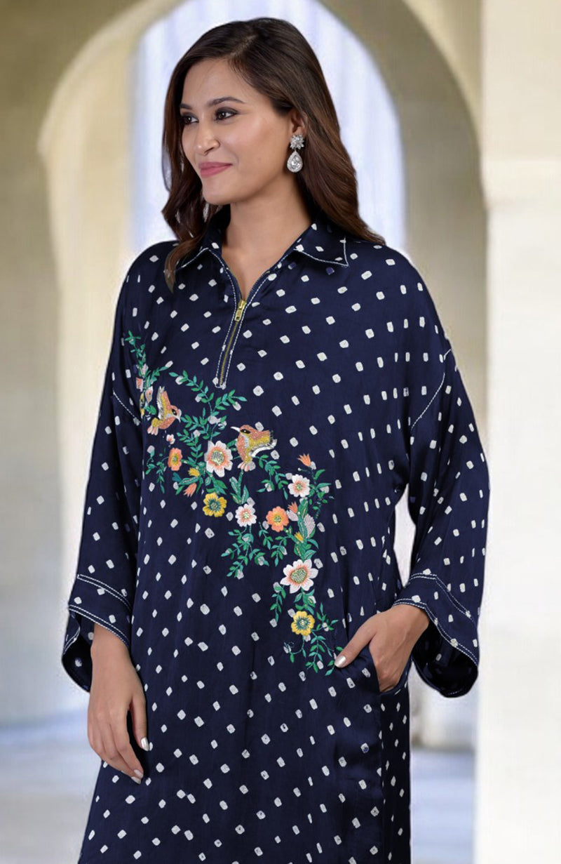 Navy Blue Handcrafted Bandhej Embroidered Co-Ord Set