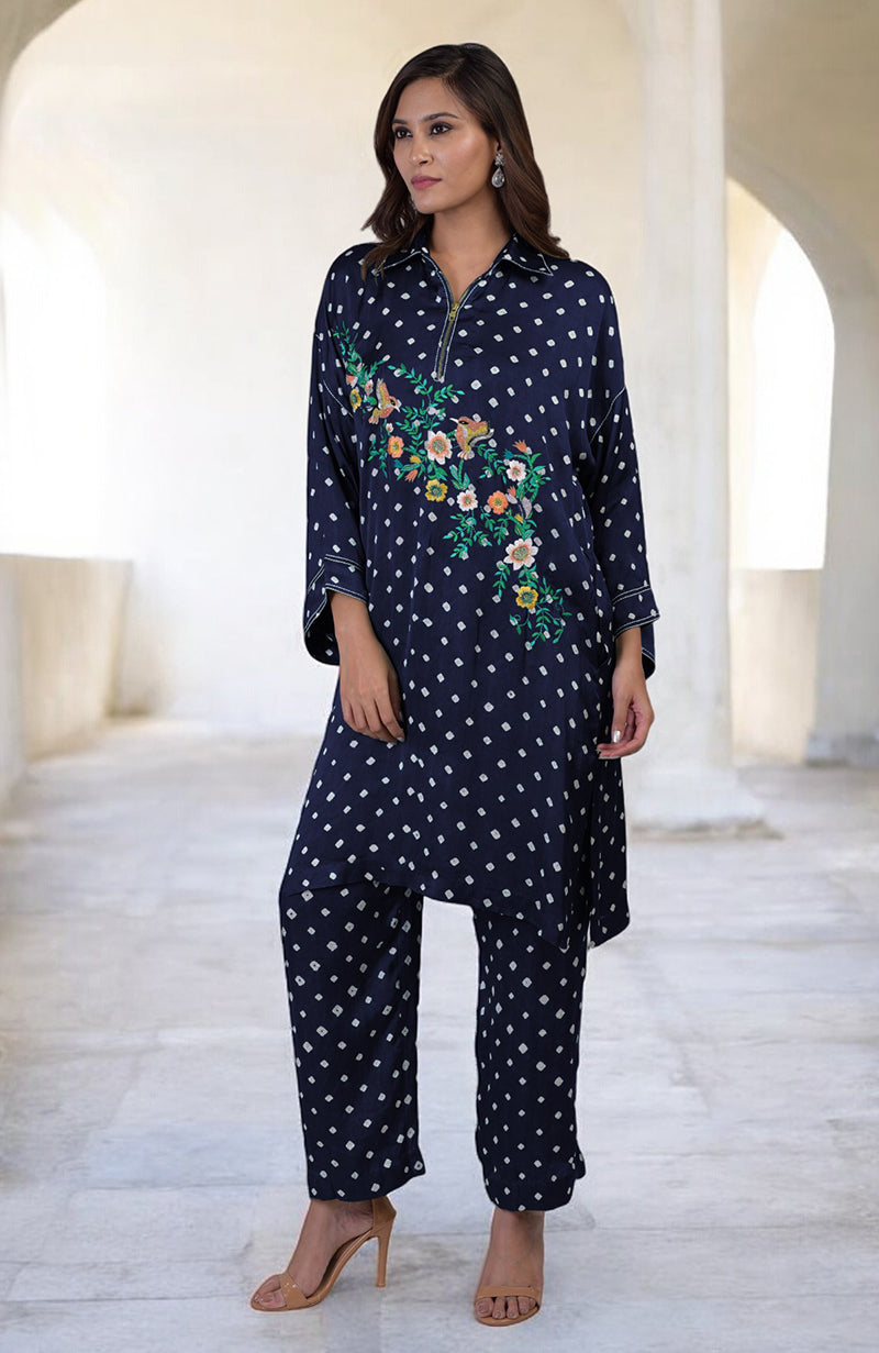 Navy Blue Handcrafted Bandhej Embroidered Co-Ord Set