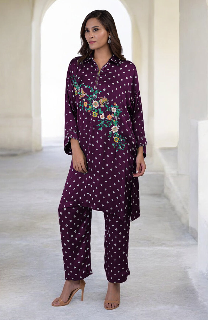 Navy Blue Handcrafted Bandhej Embroidered Co-Ord Set
